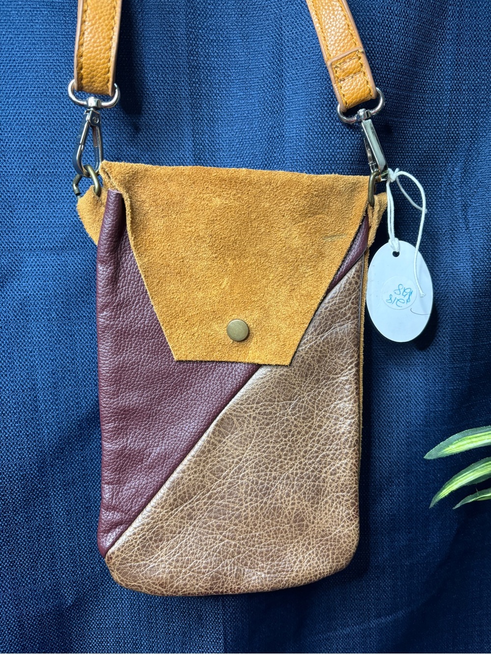 Tri-Tone Leather & Suede Crossbody Bag in Mustard, Burgundy & Tan